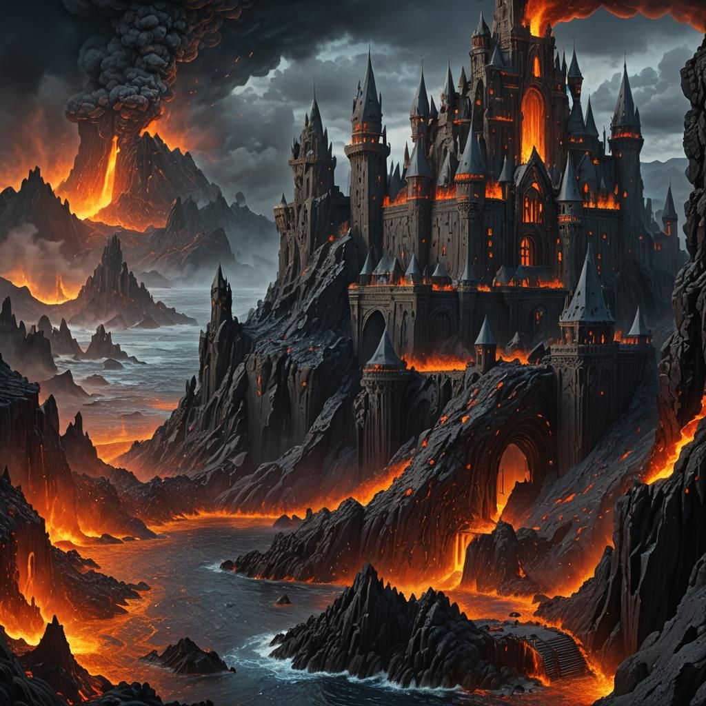 Alien Carbon Castle in Lava Landscape, Matte Painting