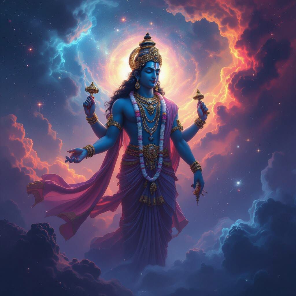 Lord Vishnu Holding Cosmos in a Futuristic Style