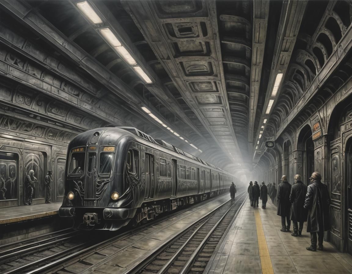 Biomechanical Train Arrives at Dark Subway Station