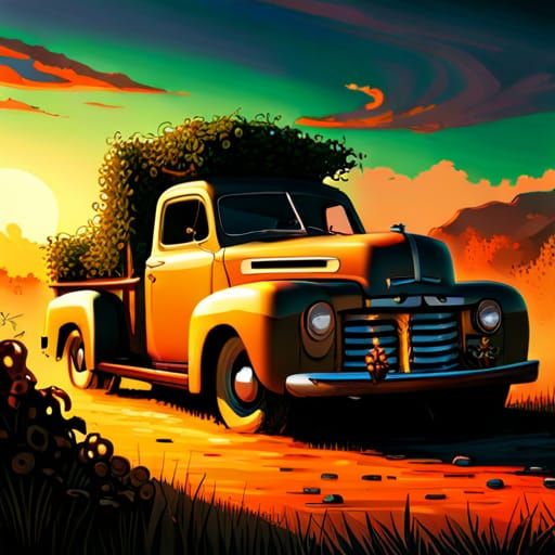Vines Engulfing a Ford Pickup Truck at Sunrise