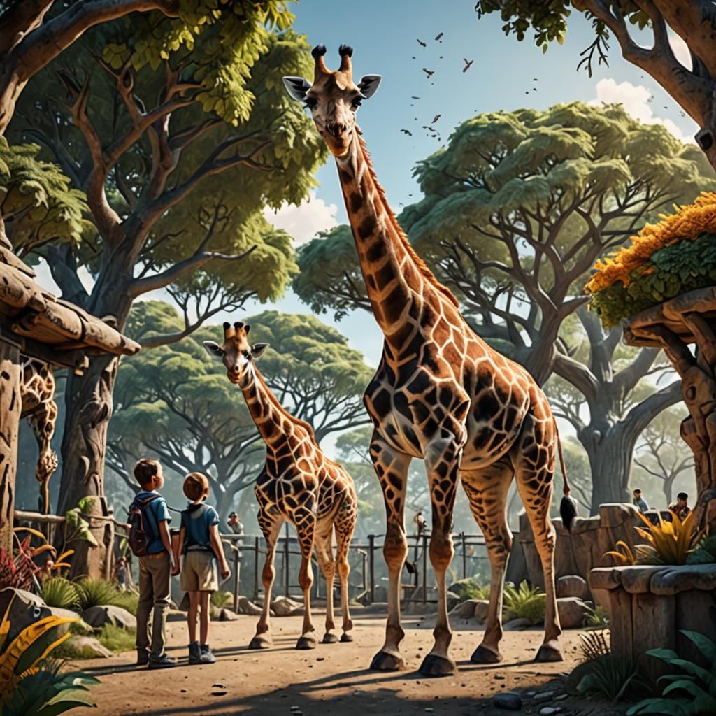 Family at Zoo with Giraffe: Fantasy Concept Art