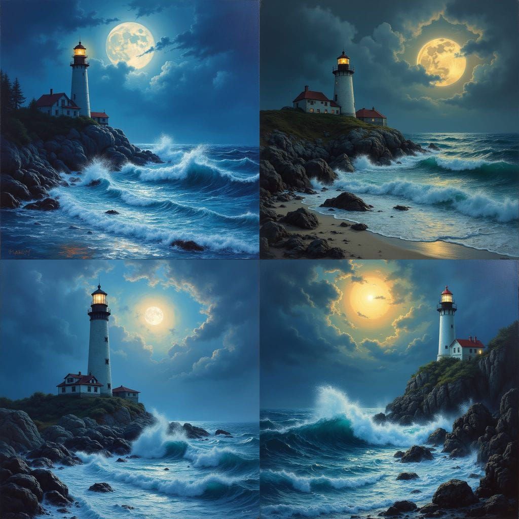 Stormy Ocean Lighthouse Under Moonlight: Oil Painting