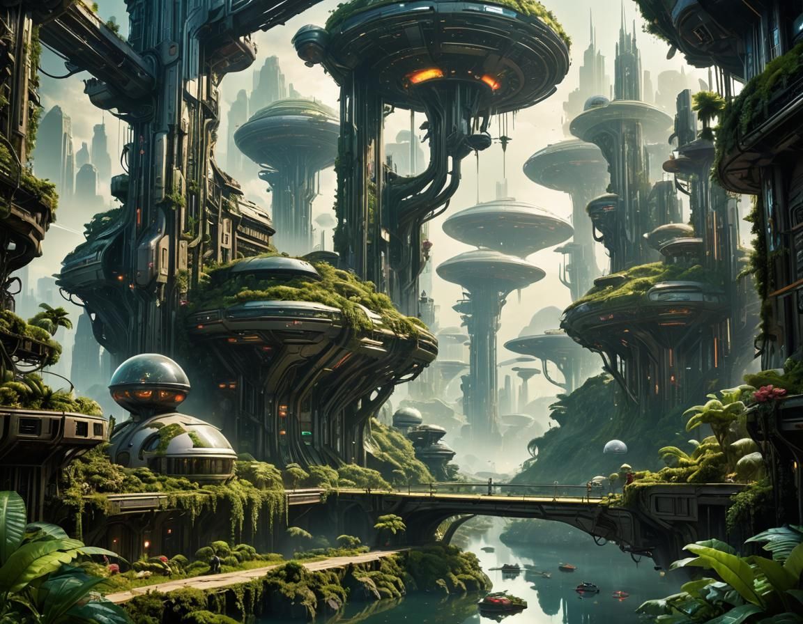Lush Biopunk Landscape in Futuristic Sci-Fi Style