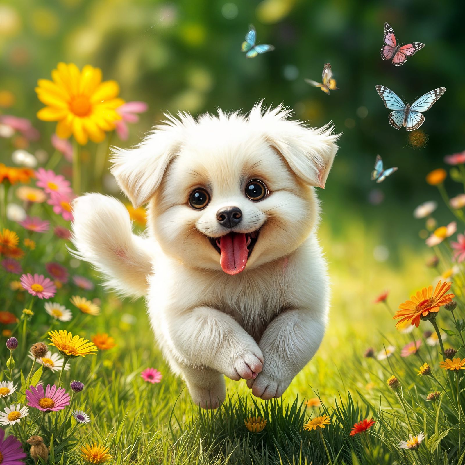 Joyful White Puppy Dances in a Sunny Backyard Scene