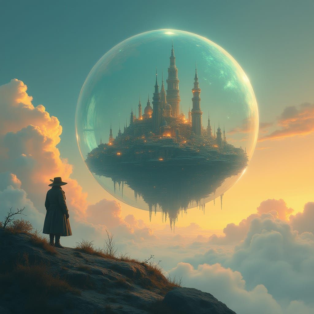 Elderly Gentleman Contemplates Futuristic City in a Glowing ...