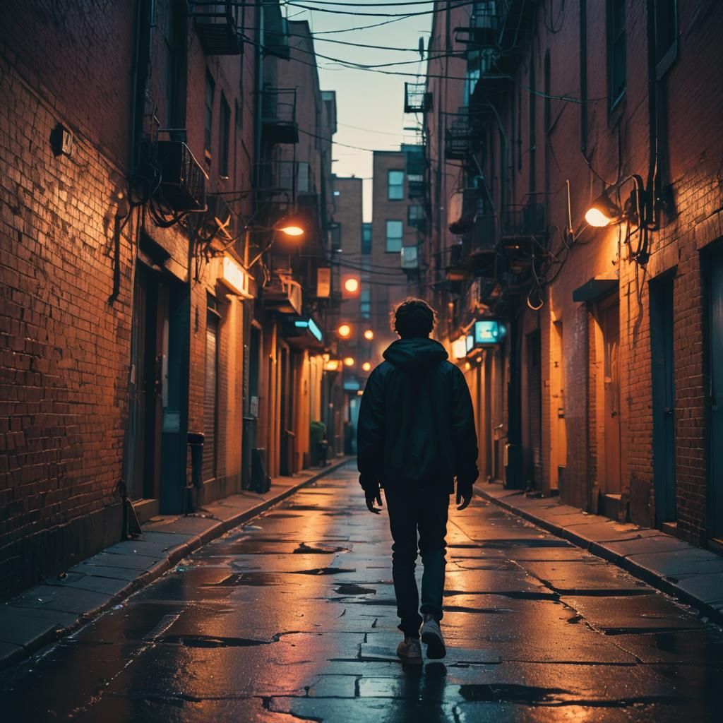Trendy Teenager in Neon-Lit Alley at Sunset