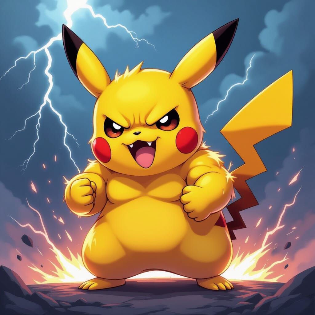Angry Buff Pikachu with Electric Sparks in Dynamic Anime Sty...