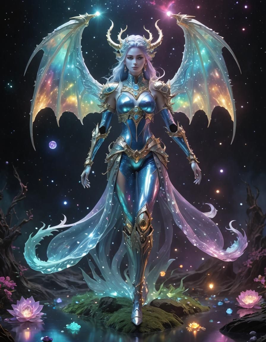 Rainbow Chimera Girl with Robot Skeleton in Anime Style