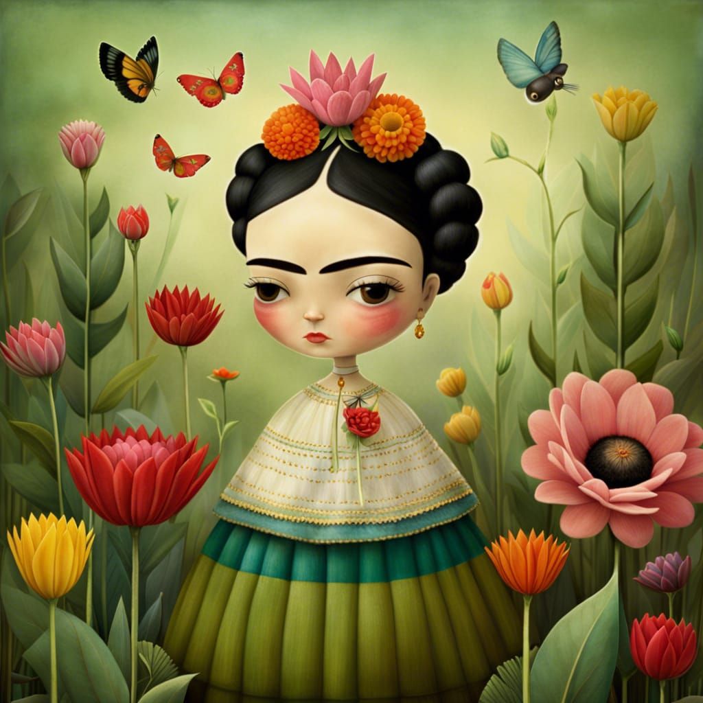 Storybook Portrait of Woman Watering Flowers
