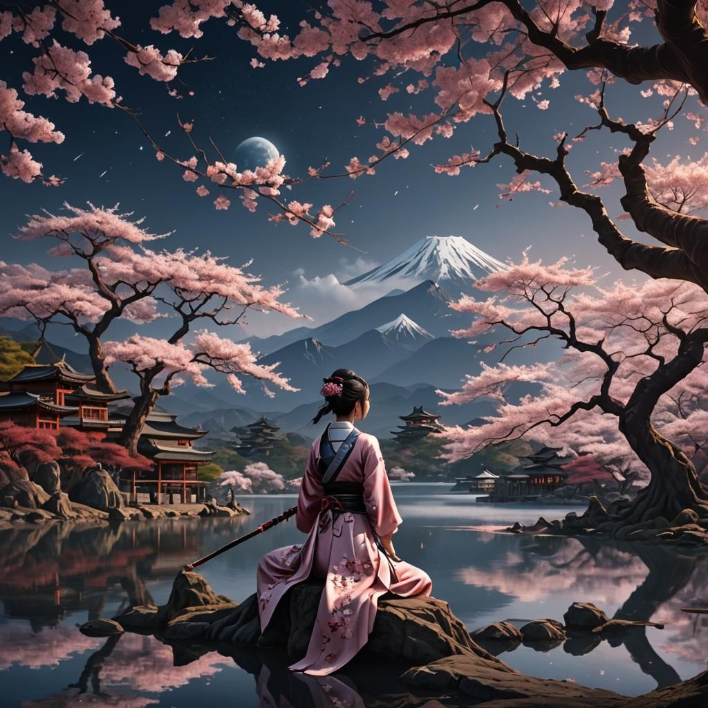 Sakura Tree, Katana Girl, and Lunar Night