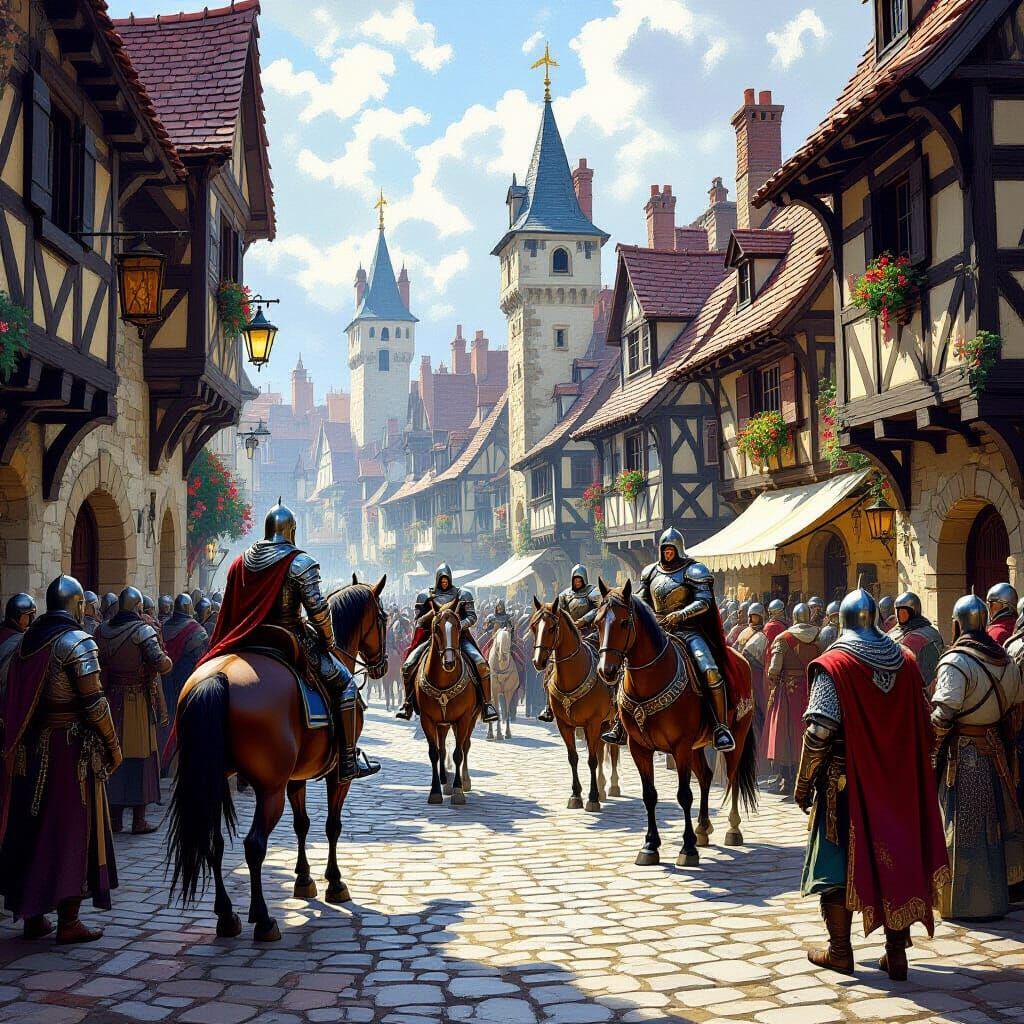 Medieval Knights in Bustling Village Square Digital Painting