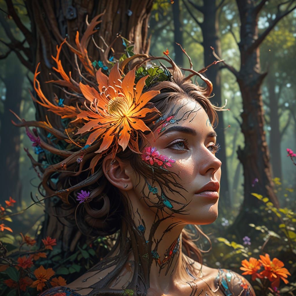 Vibrant Surrealist Portrait in a Twisted Woodland Scene