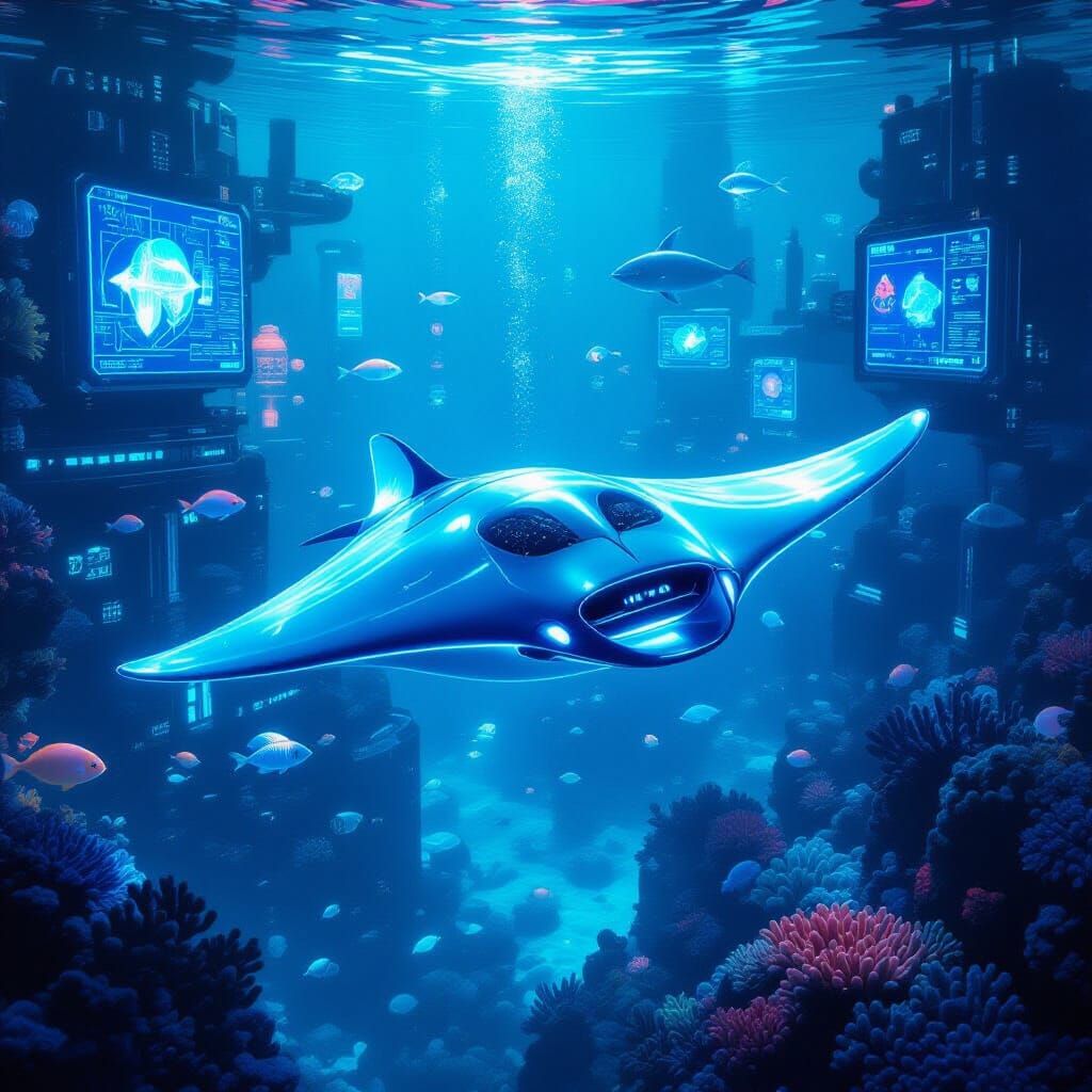 Bioluminescent Manta Ray Vehicle in Underwater City