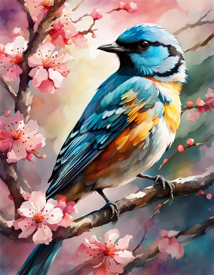 Blossom Bird Tree: Digital Watercolor Illustration