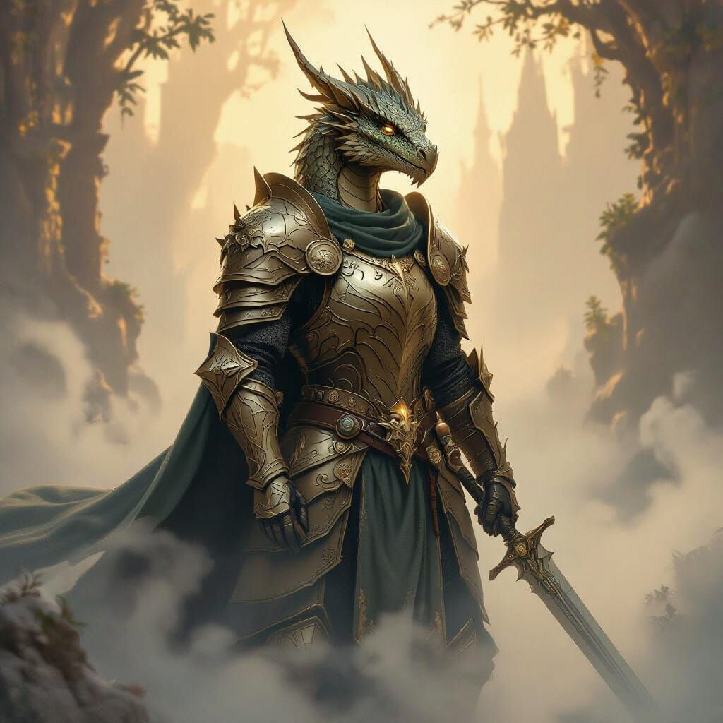 Bronze Dragonborn Knight in Ethereal Mist