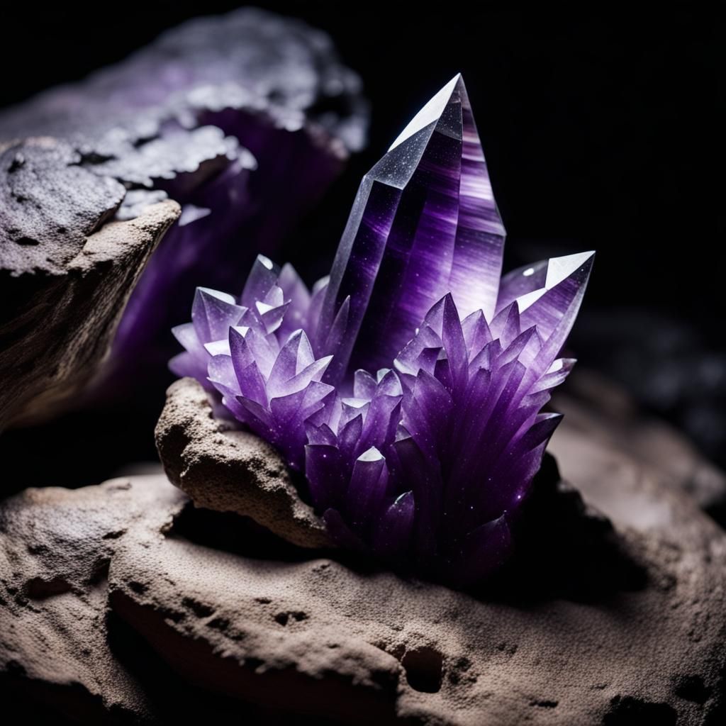Amethyst Crystal Formation in Cave at Night