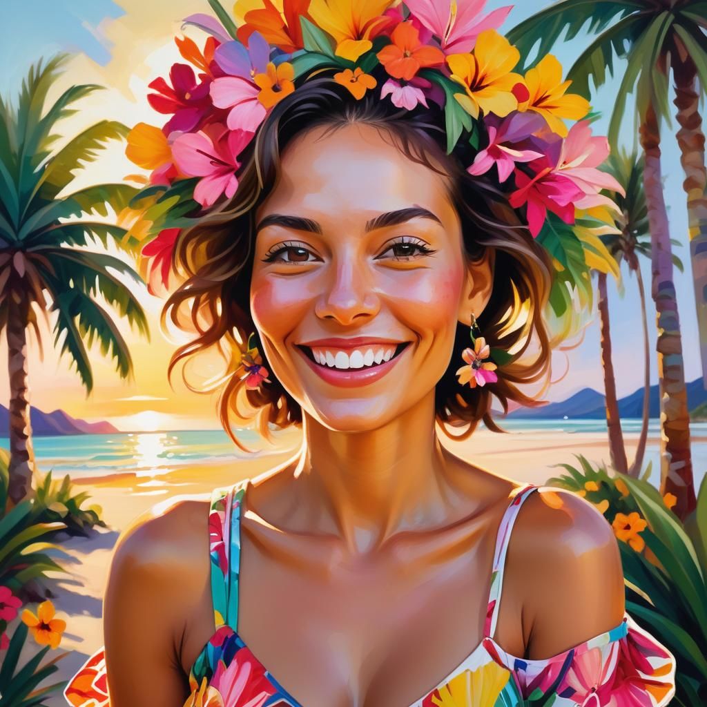 Tropical Woman Portrait in Vibrant Oil Painting
