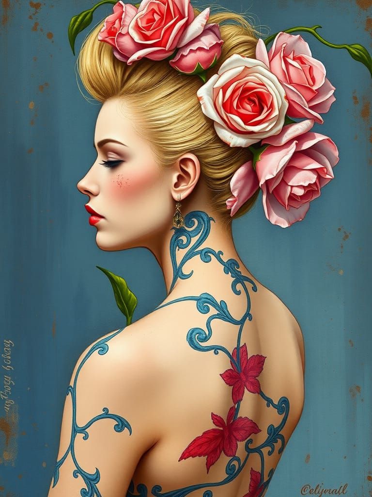 Mystic Woman with Rose Mohawk, Symbolist Drawing