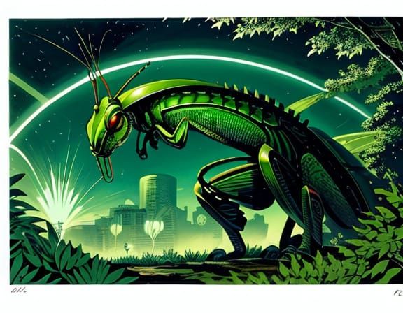 Heroic Green Praying Mantis Alien in a Forest Landscape