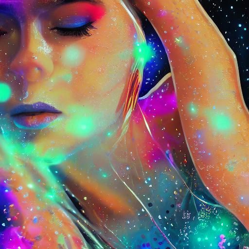 Woman in Glass Dress: Hyperrealistic Night Sky Portrait