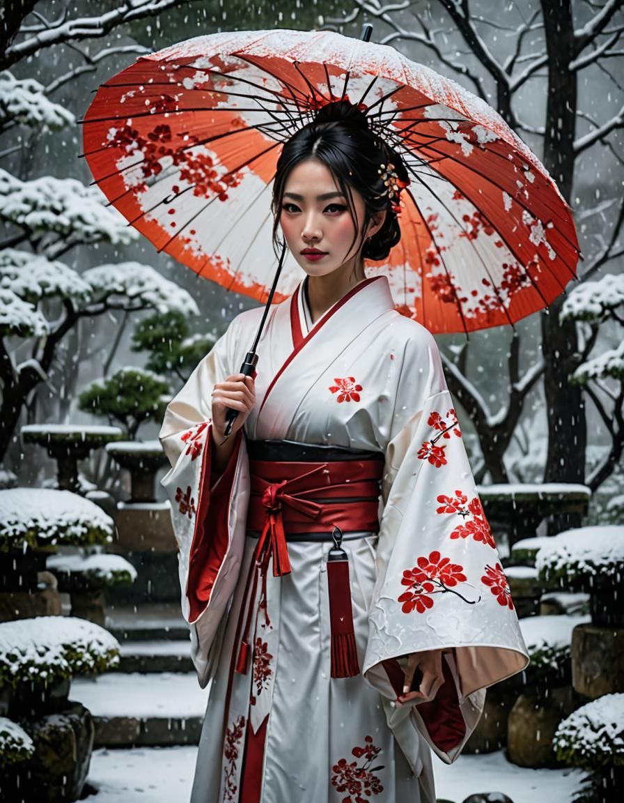 Japanese Girl in Bloody Kimono in Snowy Garden