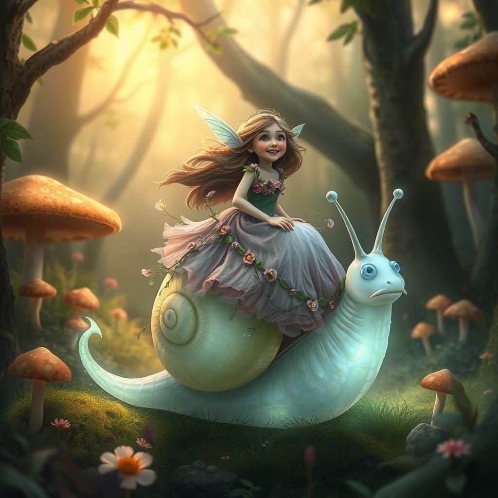 Forest Sprite Rides Bioluminescent Snail in Dreamy Forest