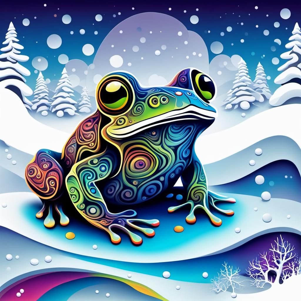 Psychedelic Frog in Snowy Landscape with 3D Shading