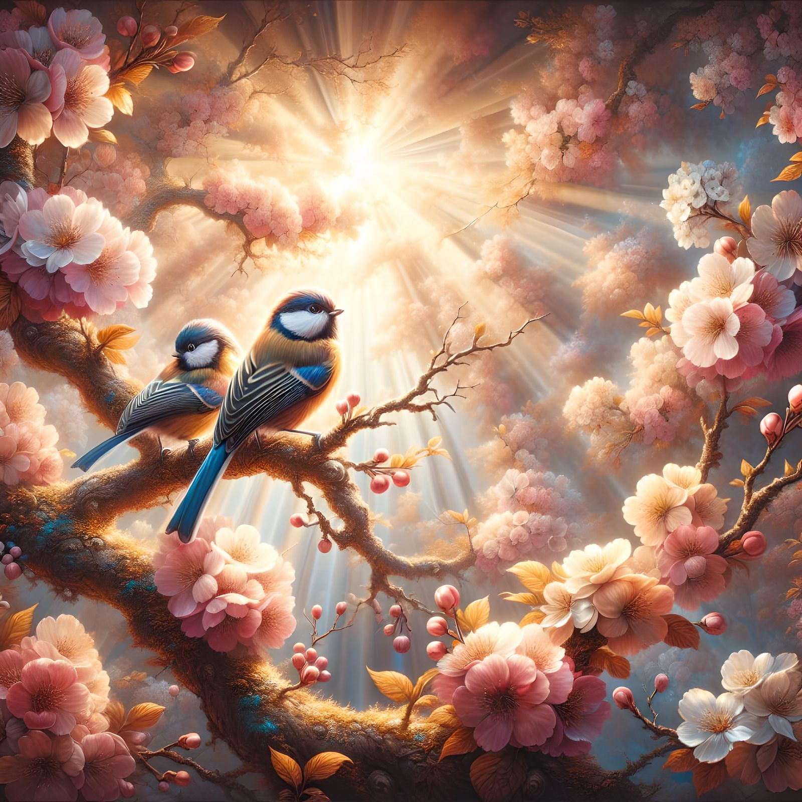 Rococo Eden: Tit Birds Amidst Cherry Blossoms