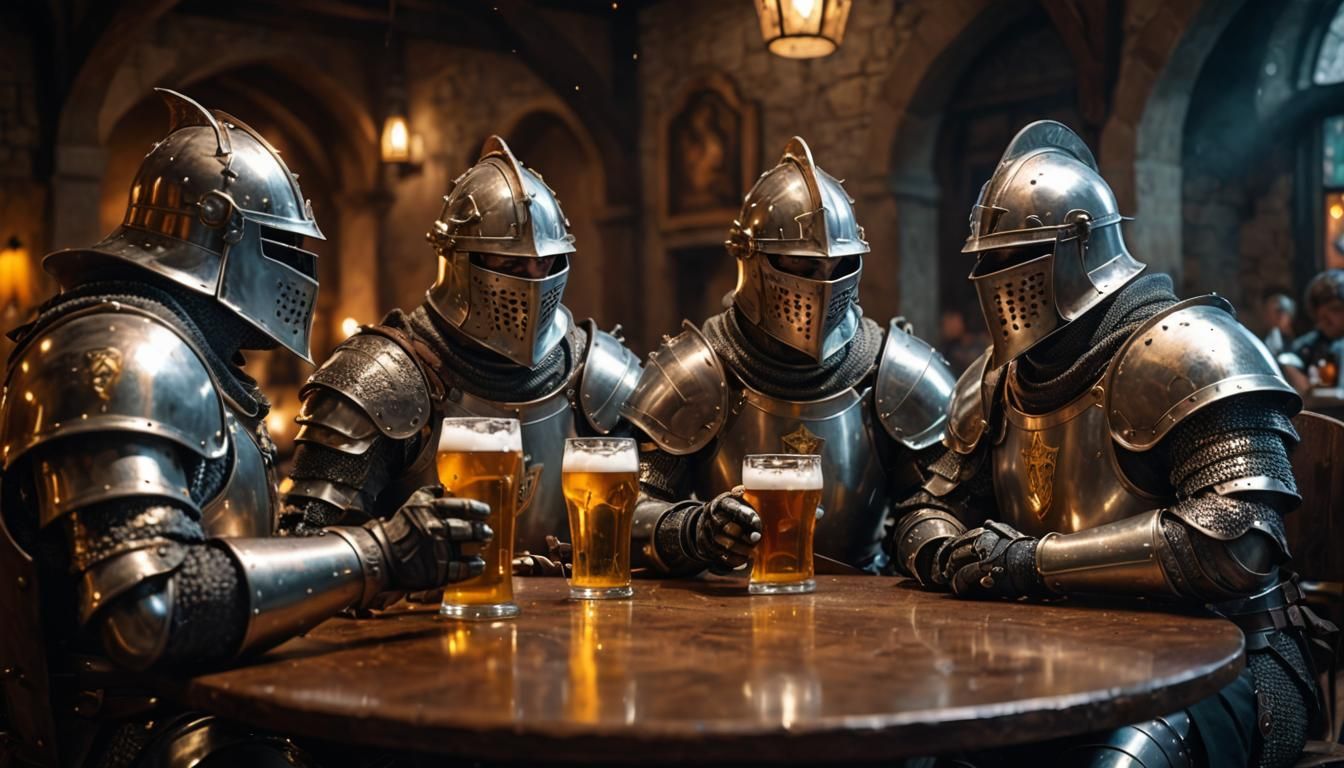 Hyperrealistic Knights Enjoying Beer at Round Table