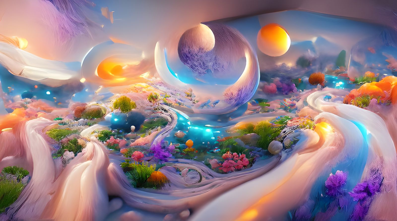 Iridescent Sci-Fi Zen Garden Under Cosmic Sky