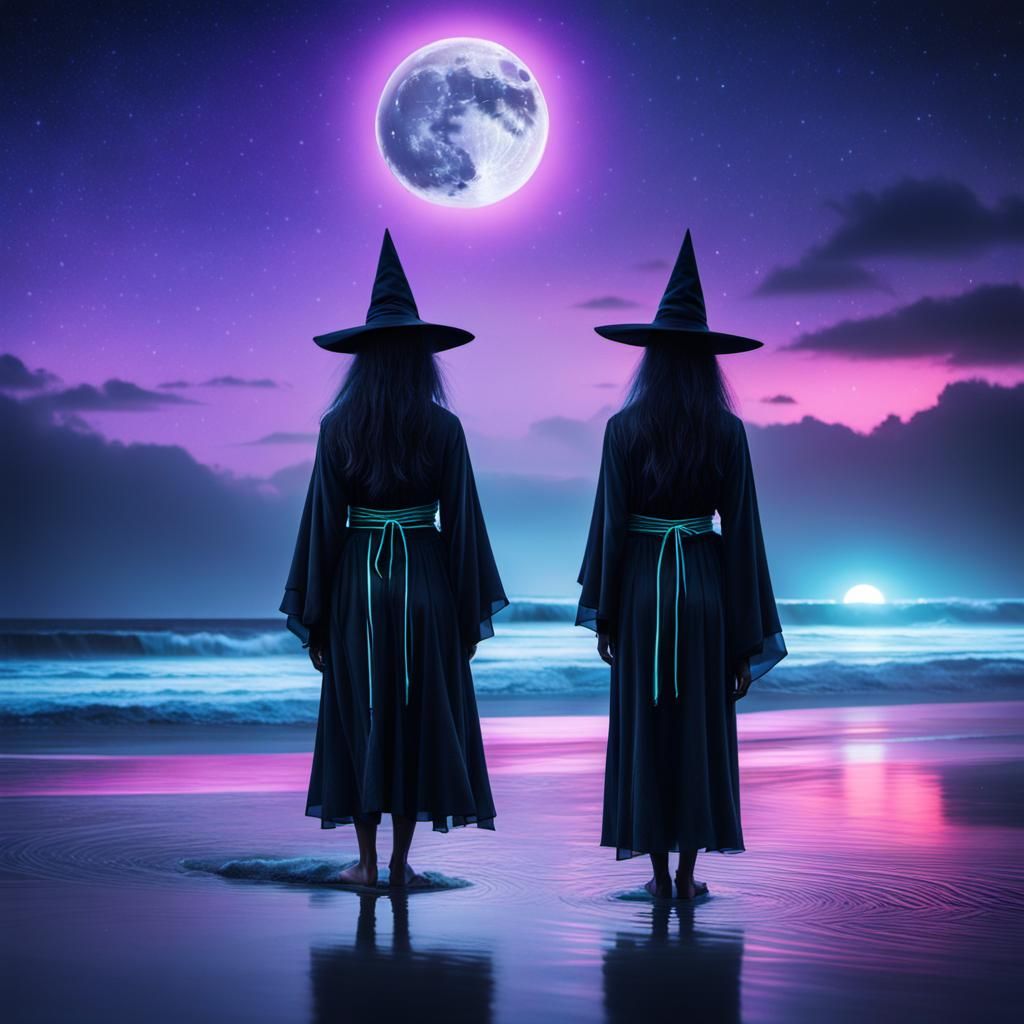 Neon Witch on a Holographic Beach Landscape