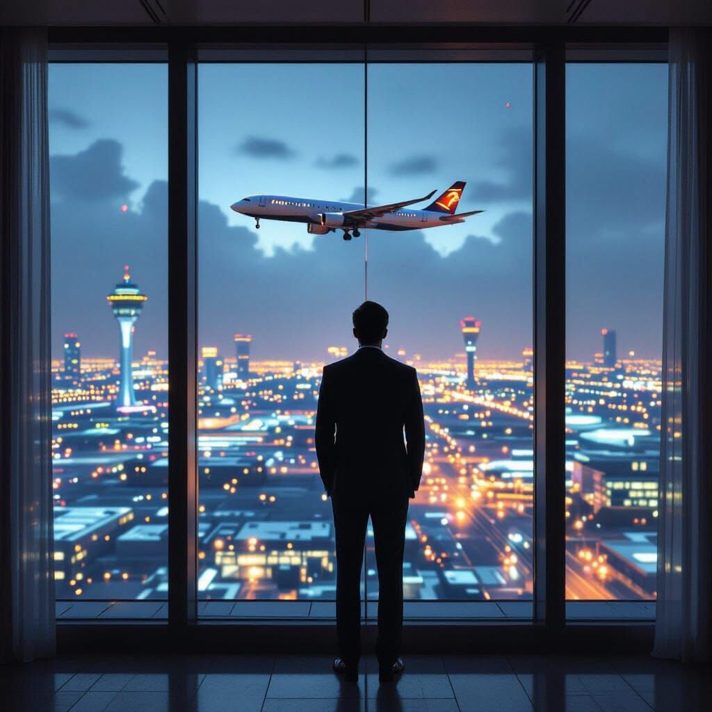 Night Airport View from Hotel Room in 4K