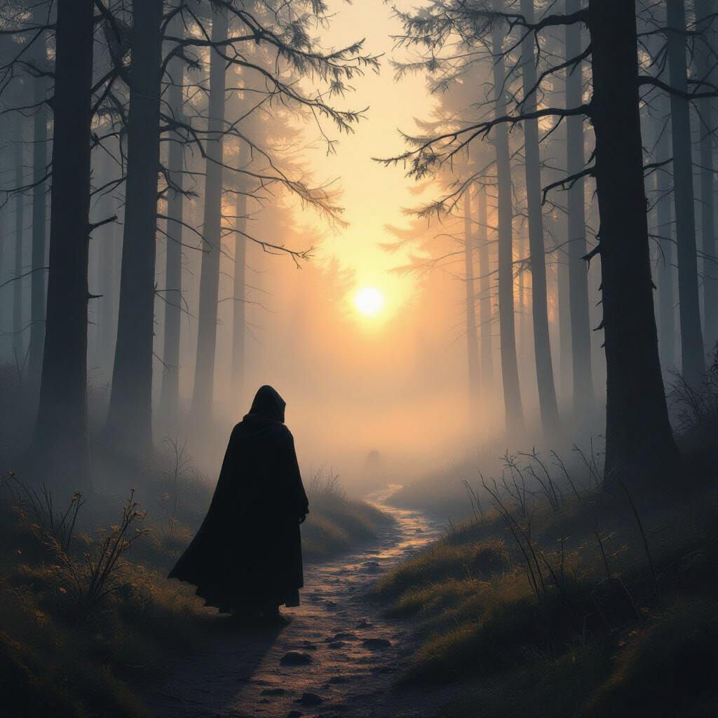 Ethereal Forest Dawn: Cloaked Figure in Mystical Light