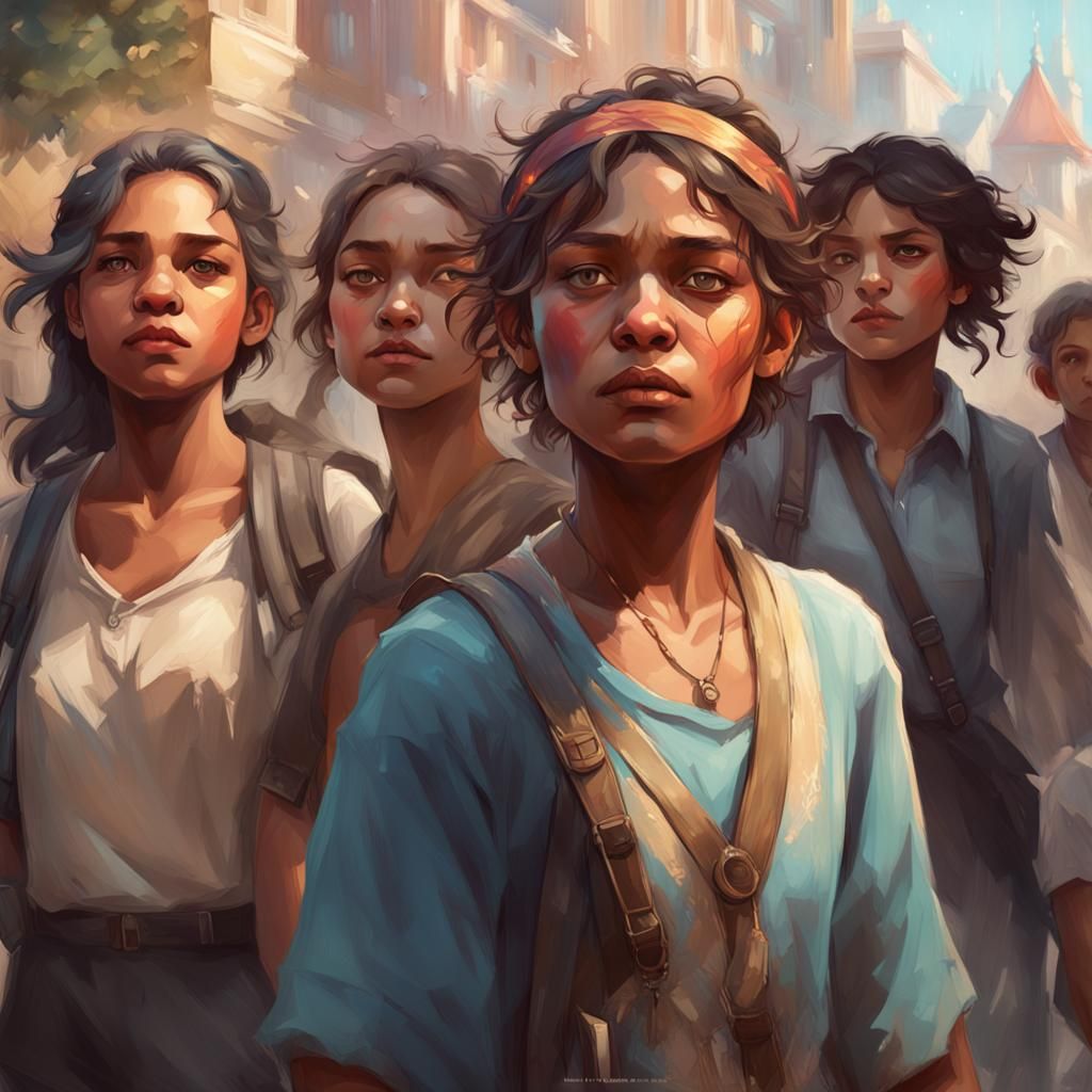 Handicap Girl Walking with Friends: Detailed Portrait