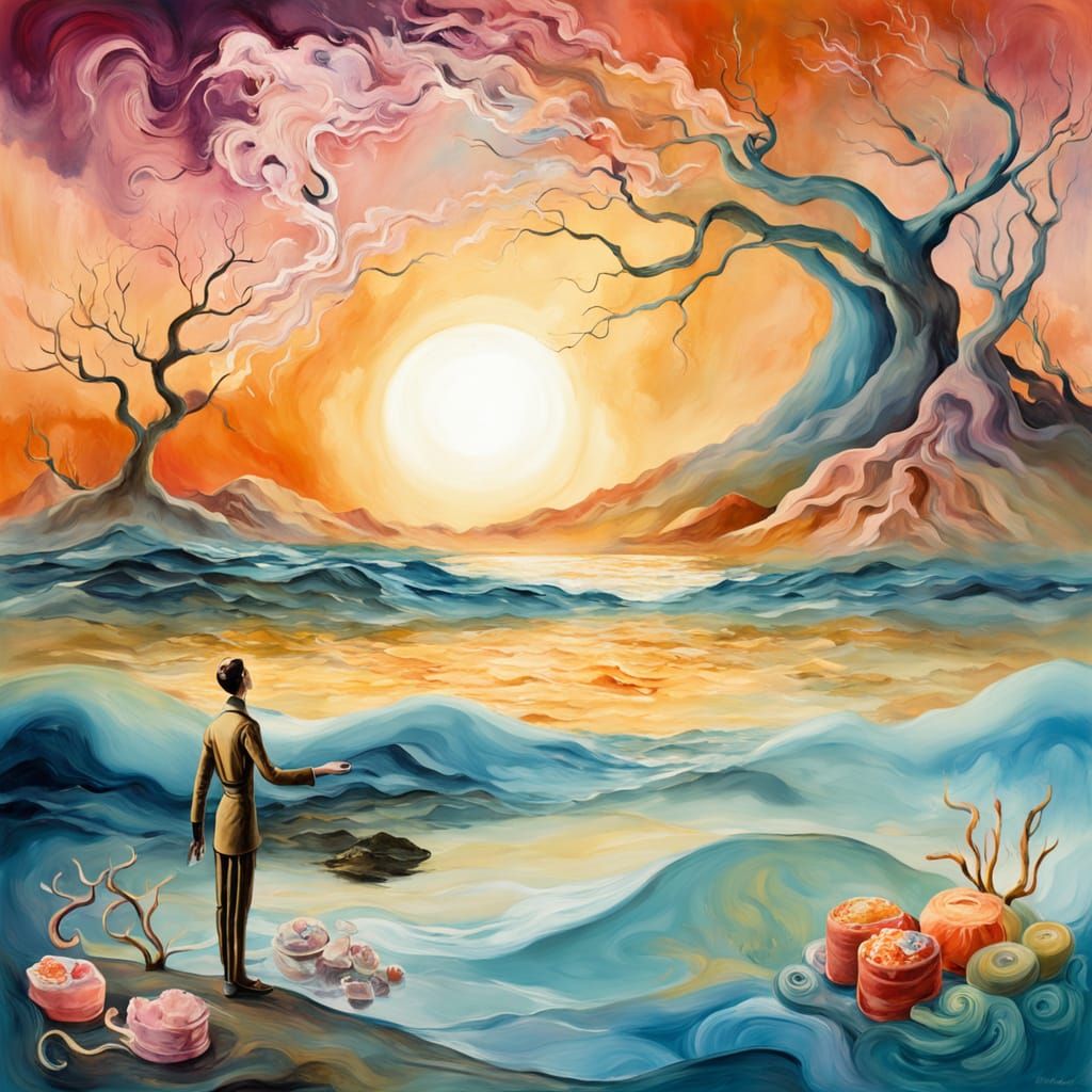 Surreal Watercolor Landscape with Mermaid-Like Figure Blendi...