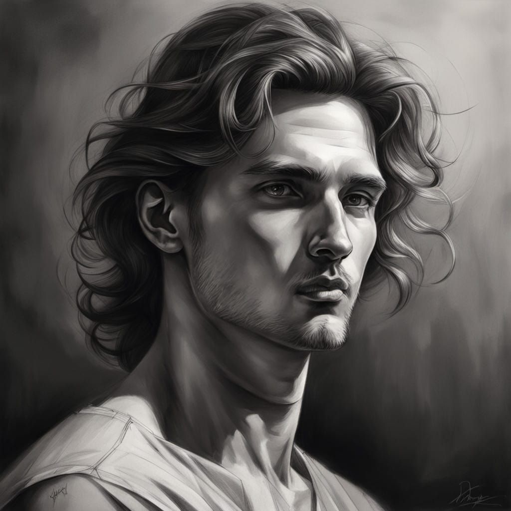 Chiseled Young Man in Photorealistic Black and White Pencil....
