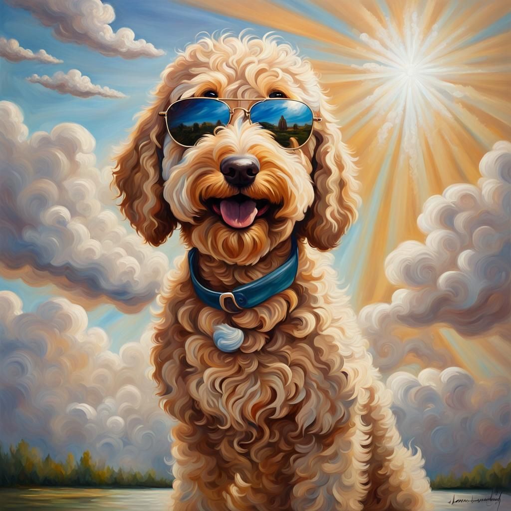 Golden Doodle in Sunglasses, Oil Painting