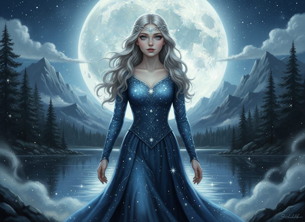 Ethereal Maiden in Moonlit Fantasy Landscape