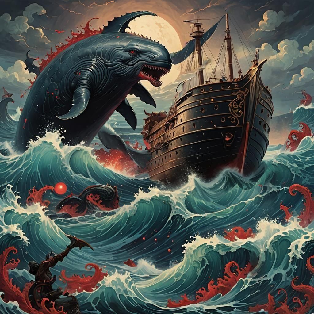 Minotaur Rides Whale Amidst Sea Monsters