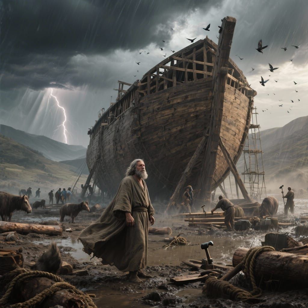 Noah Building the Ark in a Dramatic Storm
