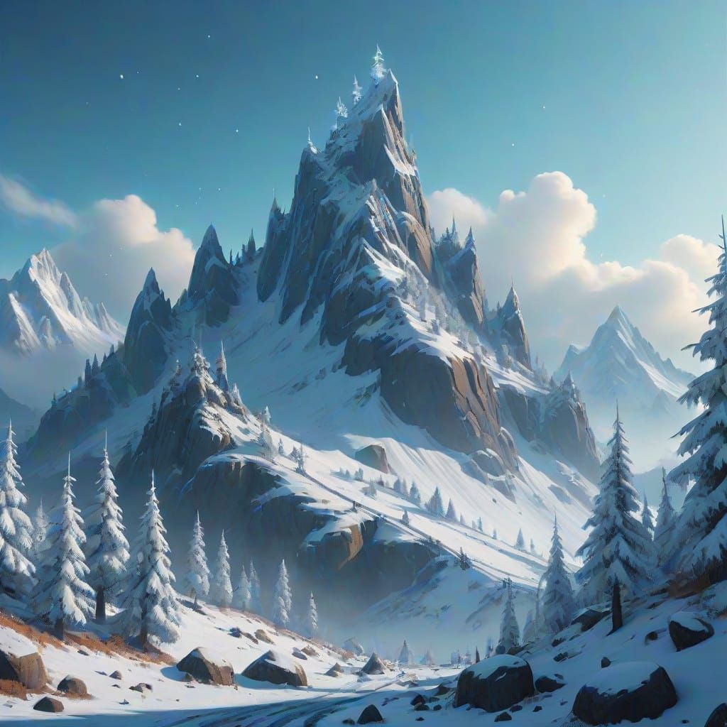 Snowy Mountain Above Fantasy Forest in Matte Painting Style