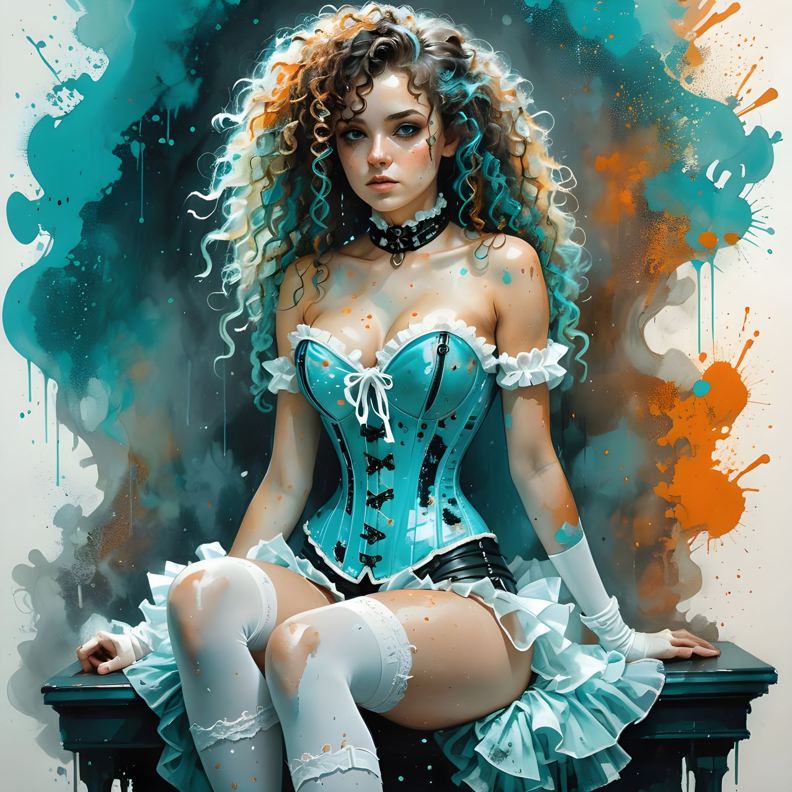 Pretty Woman in Turquoise Corset, Impasto Painting