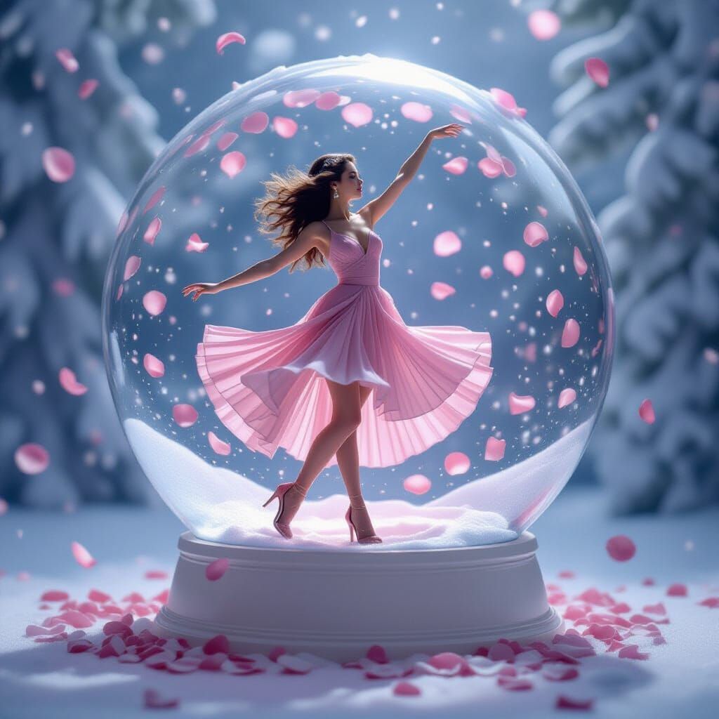 Woman Dancing in Rose Petal Snow Globe, Art Nouveau Style