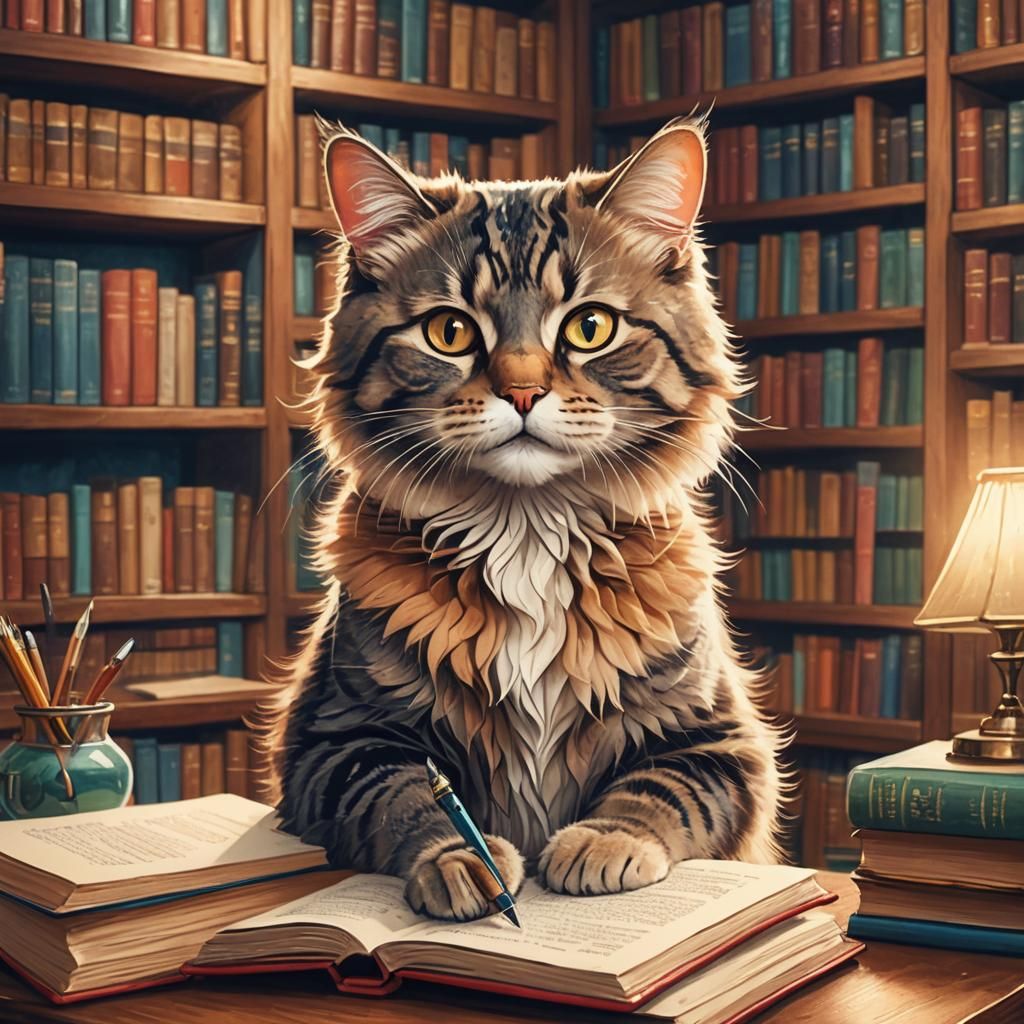 Cat Writer in Cozy Library: Digital Illustration