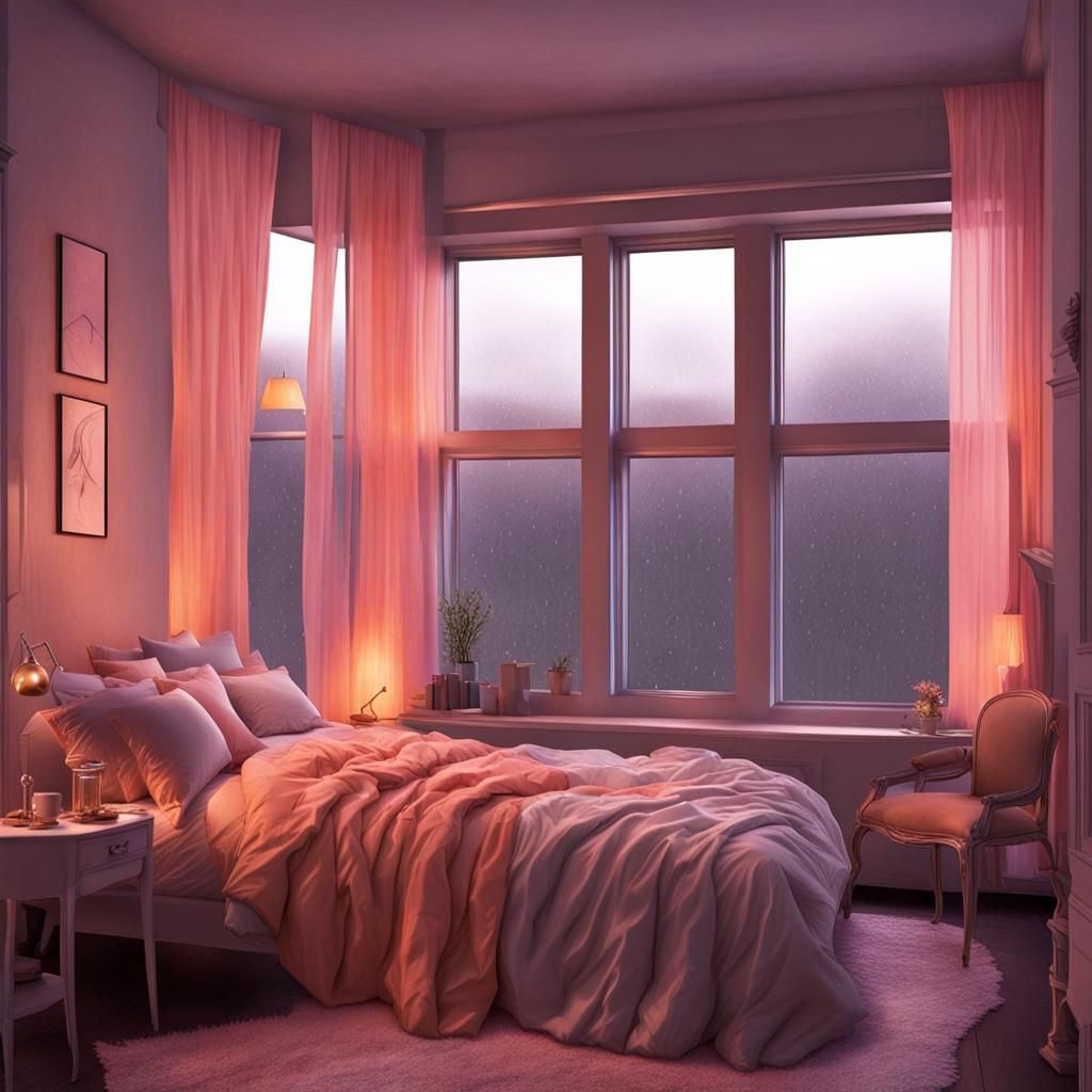 Rainy Night Comfy Bedroom in Pastel Colors
