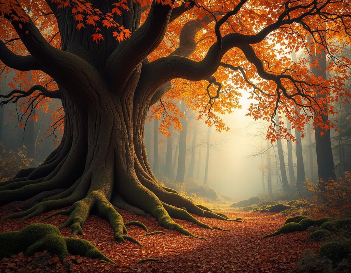 Mystical Autumn Forest Archway with Colossal Tree