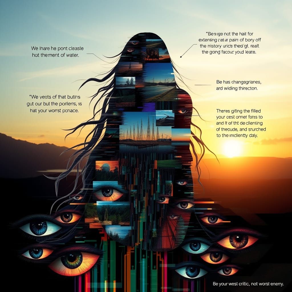 Glitch Art Sunset Scene with Veiled Woman