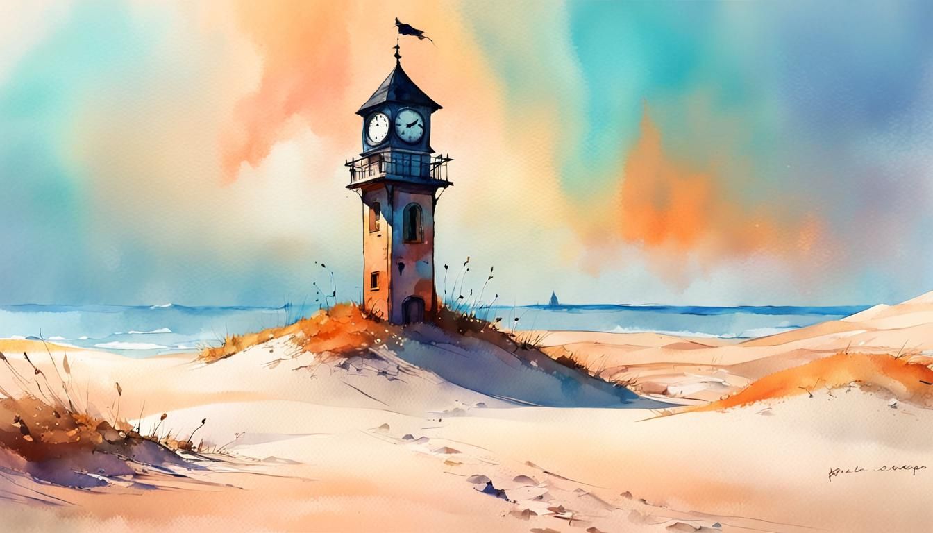 Lonely Clock Tower Over Seaside Dunes