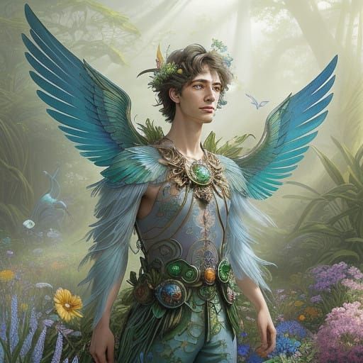 Whimsical Winged Boy in Enchanted Floral Wonderland