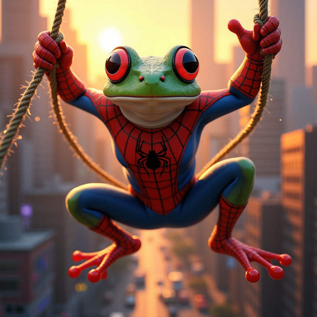 Spider-Man Frog Swings Through Cityscape at Sunset